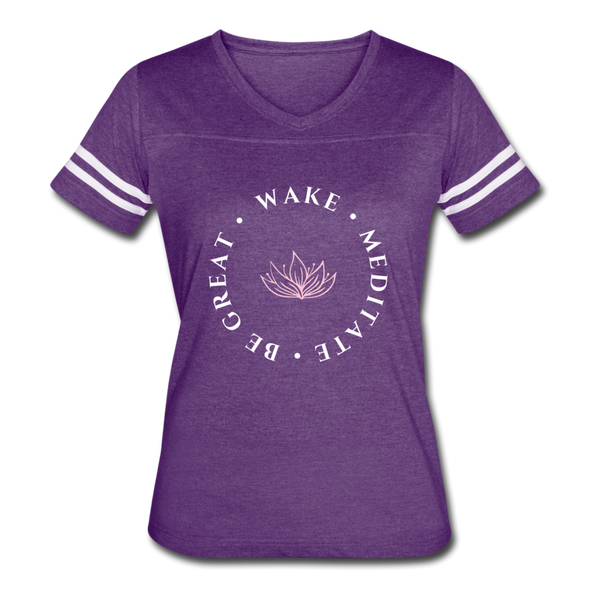 Wake  Meditate  Be Great ~ Women’s Vintage Sport T-Shirt - vintage purple/white